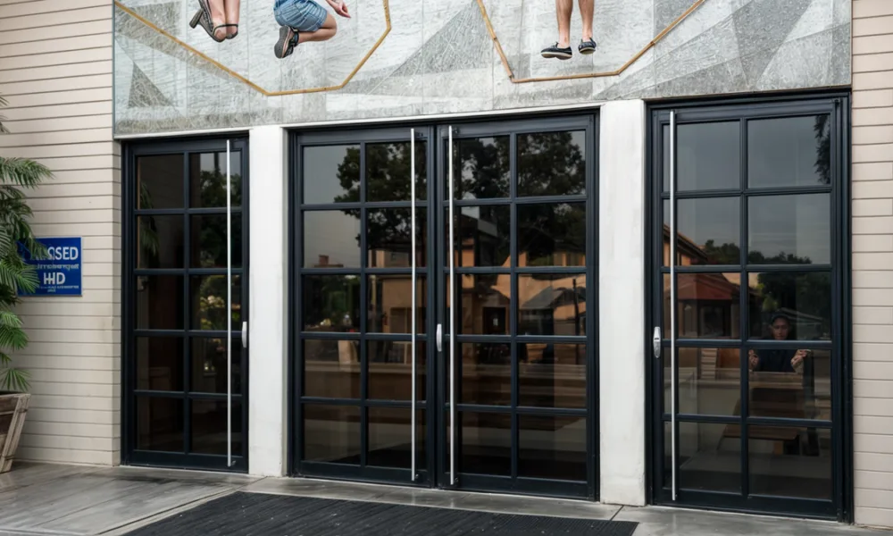 Reflective glass curtain wall façade in a commercial office building, demonstrating solar control performance and mirrored exterior appearance.