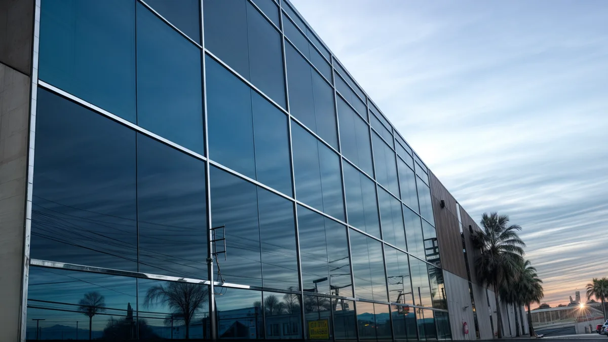 Commercial building exterior with reflective glass panels designed to improve energy performance, glare control, and daytime privacy.