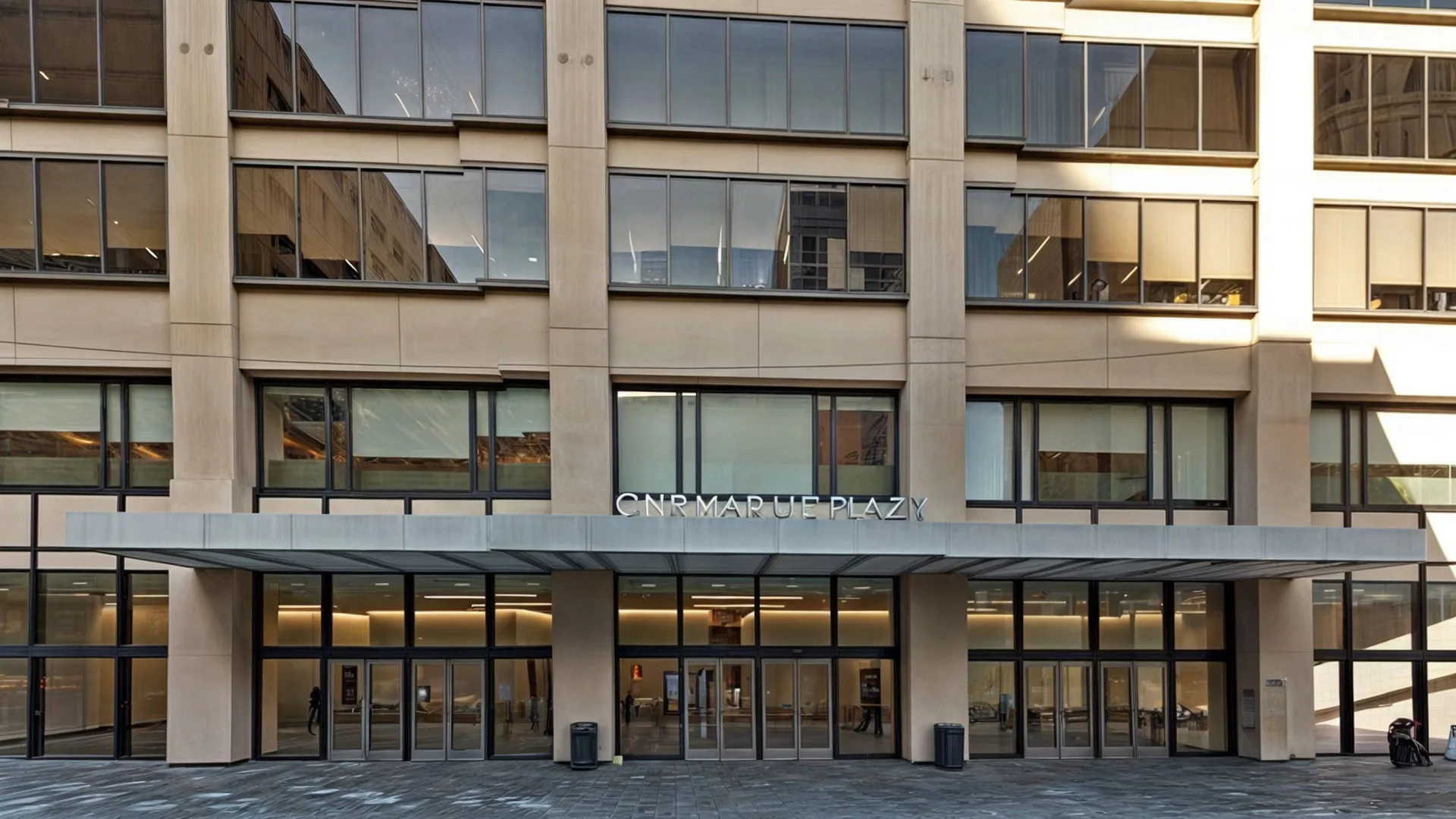 Close-up of a commercial glass emergency exit door with a panic device bar, inside a busy public or office building. The image should highlight the hardware, the glass surface, and the idea of real-world performance, with a documentary-style, editorial look.
