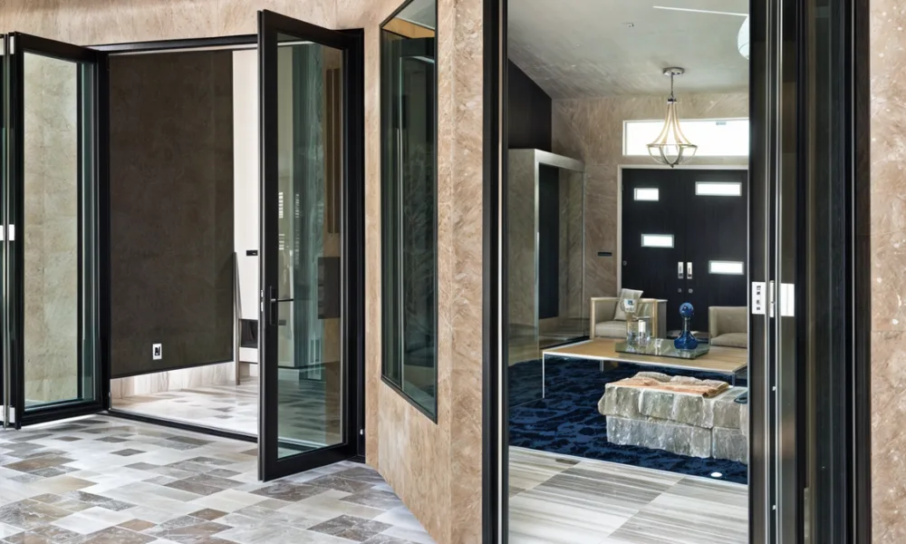 Folding glass doors can help connect interior living areas with patios, terraces, and backyards, creating wider openings than traditional sliding patio doors.