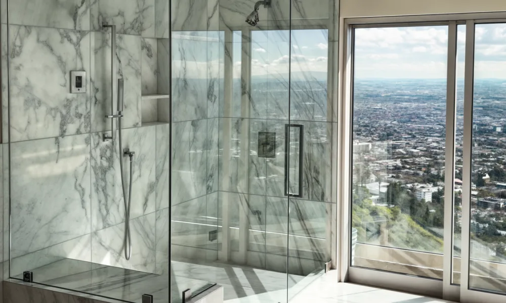 High-placed awning windows allow steam and warm air to escape near the ceiling while keeping the bathroom interior away from outside lines of sight.