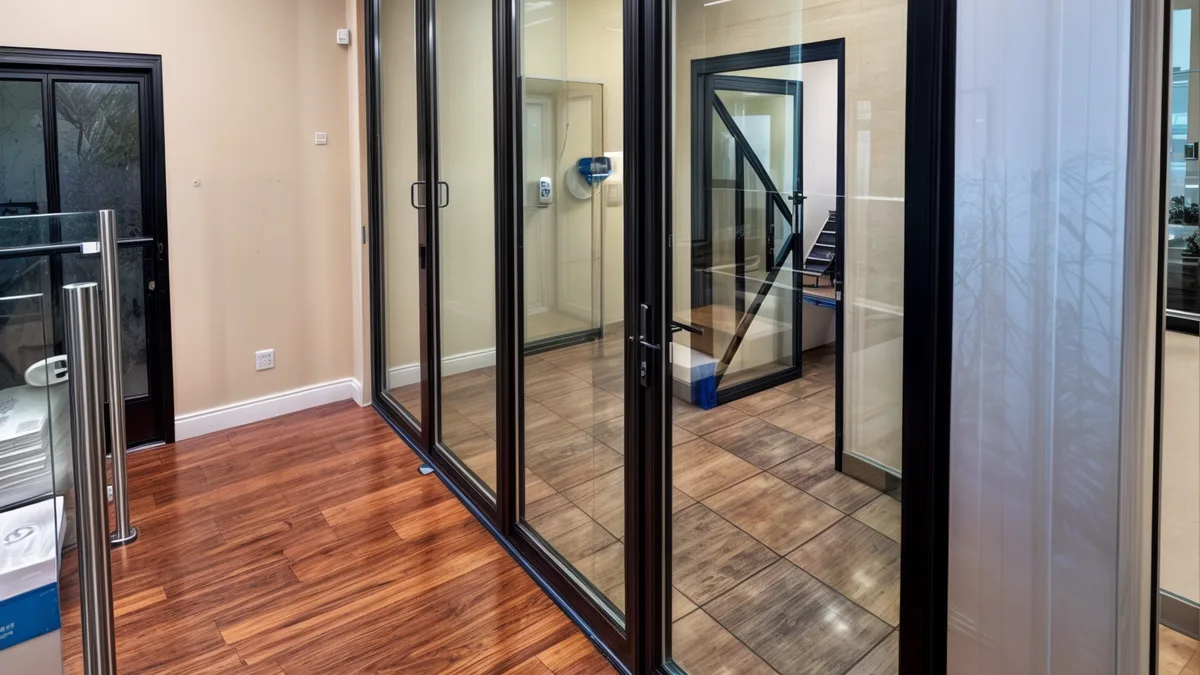 Thermally broken aluminum frames help reduce heat transfer in bifold glass doors by separating the exterior and interior metal sections with an insulating polyamide barrier.