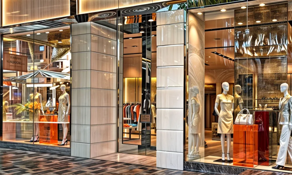 A modern retail storefront concept focused on visibility after closing hours, showing how security can protect the business without hiding its brand presence