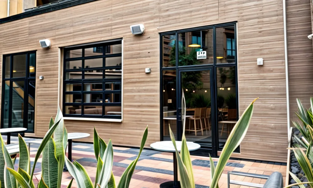 A polished visual focused on modern residential security, combining the idea of smart monitoring, reinforced entry design, and vacation preparation in a clean editorial style