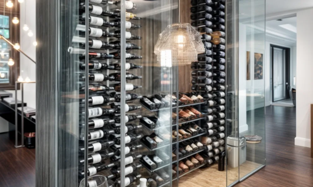 Glass and aluminum can help a residential wine cellar feel visually connected to the home while still defining the collection as a dedicated storage area.
