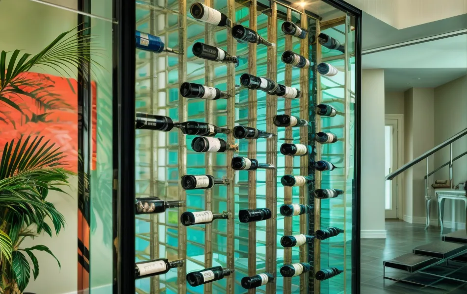 Glass and aluminum can help define a wine cellar as part of the architecture, allowing the collection to remain visible without disconnecting it from the room.