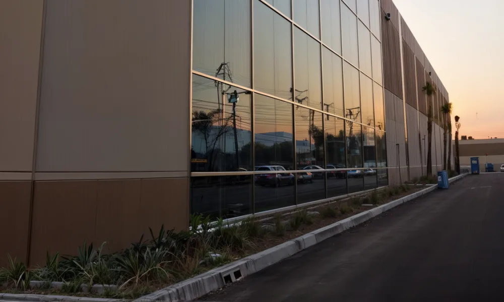 A commercial glass entrance should remain easy to identify from different approach routes, even when it is surrounded by similar fixed glass panels