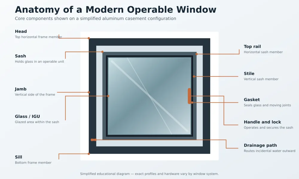 Operable aluminum window diagram labeling the frame, sash, glass, rails, stile, gasket, lock and drainage path.