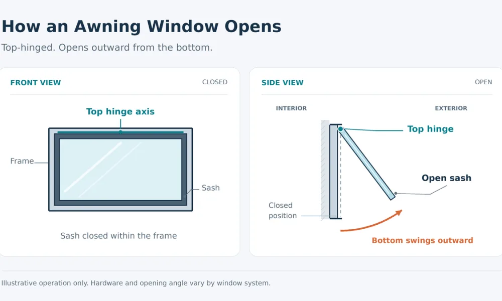 Front and side views show how an awning window opens: the sash is hinged at the top, while its lower edge swings outward. Hardware and opening angles vary by system.