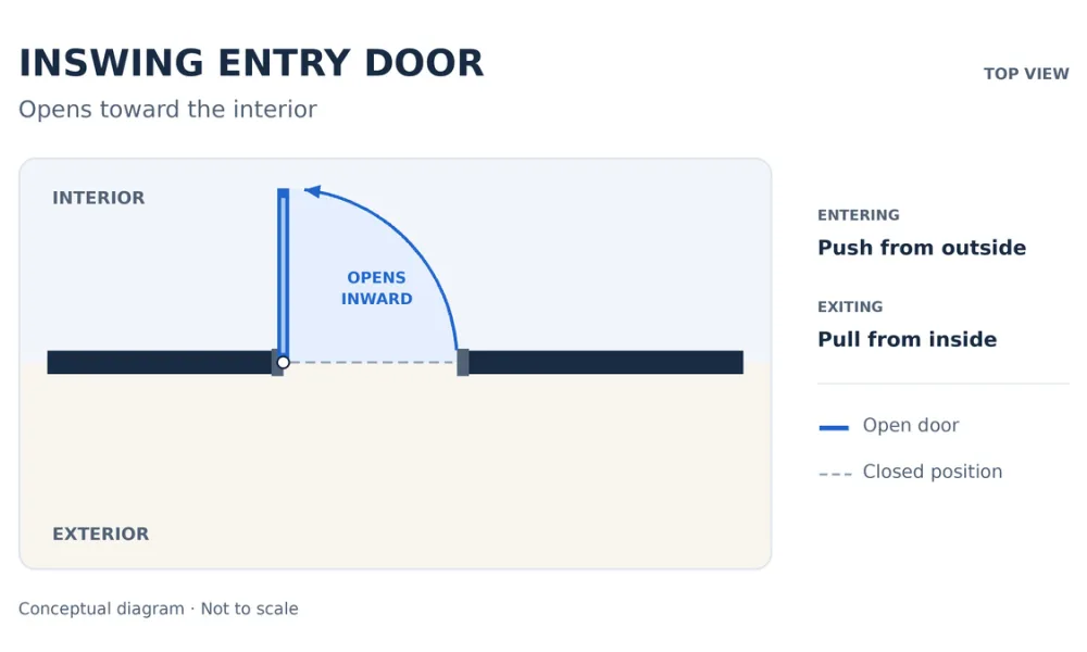 An inswing entry door opens toward the interior, so someone entering pushes the leaf inward. Check that its opening arc clears furniture, walls and nearby doors.